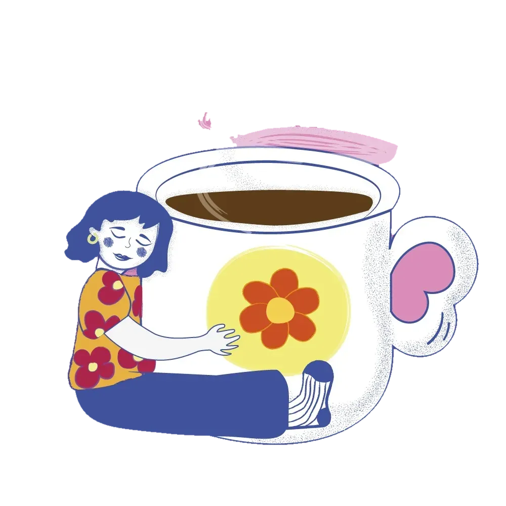 Ilustración de Acua Rena: persona abrazando una taza de café.